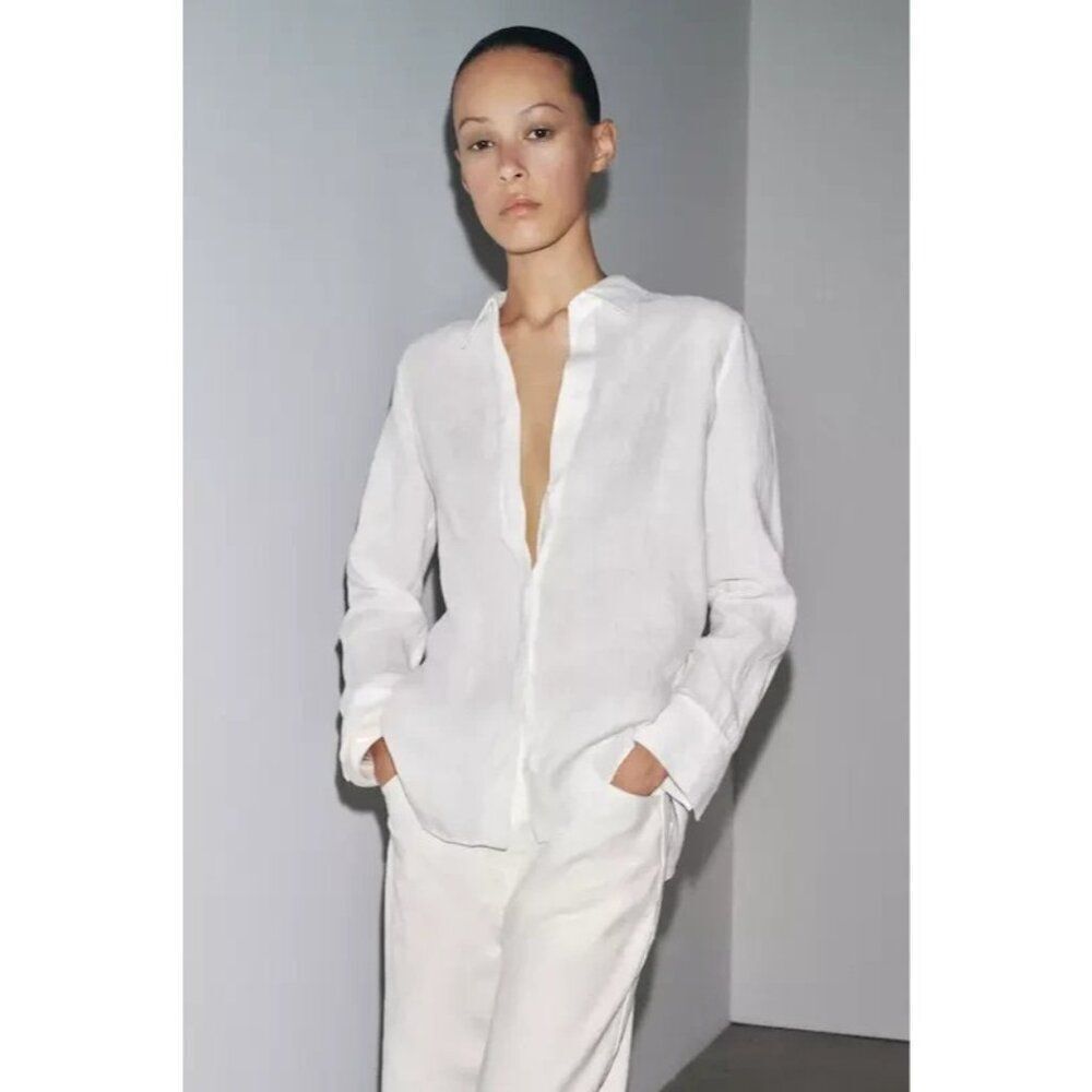 Zara Womens Shirt Blouse Top L White Linen Button Up Long Sleeve 3413/327 NWT